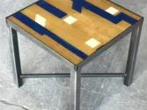 wood side table from reclaimed gym flooring