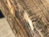 Close-up of a rough, worn wooden beam with visible grain patterns and knots; the surface shows signs of weathering and aging. The background is blurred, emphasizing the texture and detail of the wood.