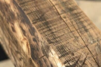 Close-up of a rough, worn wooden beam with visible grain patterns and knots; the surface shows signs of weathering and aging. The background is blurred, emphasizing the texture and detail of the wood.