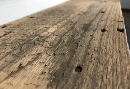 Close-up of a piece from the Reclaimed Wood Mantels collection, showcasing its weathered wooden surface with visible grain, small holes, and a rough texture that evokes the charm of antique mantels. The reclaimed wood has a rustic, aged appearance and stretches diagonally across the image against a blurred backdrop.