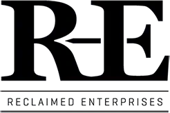 The image displays the logo of Reclaimed Enterprises. It consists of large, bold letters R and E with the words RECLAIMED ENTERPRISES written underneath in a smaller, uppercase font.