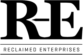 The image displays the logo of Reclaimed Enterprises. It consists of large, bold letters R and E with the words RECLAIMED ENTERPRISES written underneath in a smaller, uppercase font.